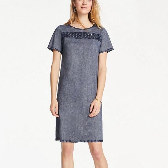 Ann Taylor Linen Blend Chambray Navy Blue Lace Detail Shift Dress sz 0 NWT NEW - Picture 1 of 12